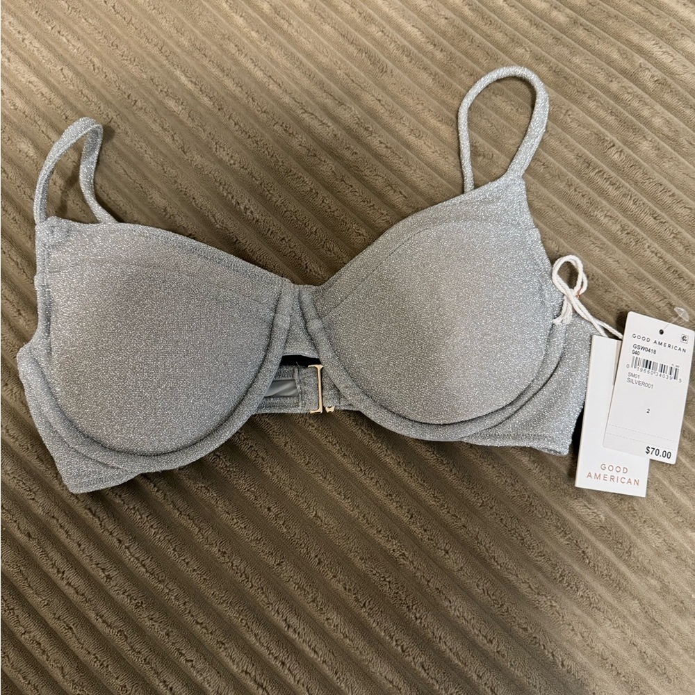 Good American NWT Size 2 M Silver Sparkle Demi Cup Bikini Top Underwire